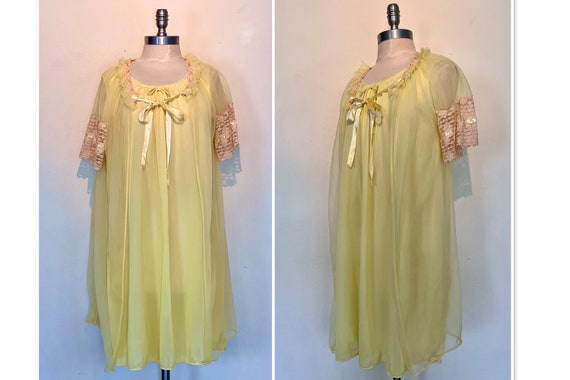 1970s Bright Lemon Yellow Nylon Peignoir Set/Baby… - image 1