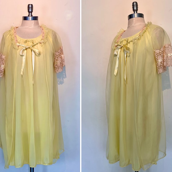 1970s Bright Lemon Yellow Nylon Peignoir Set/Babydoll Negligee and Sheer Matching Robe with Lace Trim Sleeves/Vintage Lingerie Size Small