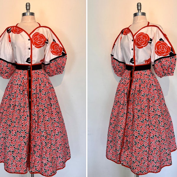 1980s  Red Rose Print Cotton 2 Piece Skirt and Blouse by Jeanne Marc/Oversized Balloon Sleeves/Button Front Full Skirt/Vintage 2 Piece Set