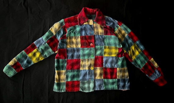 60s Mixed Plaid Flannel Patchwork Button Up Shirt… - image 1