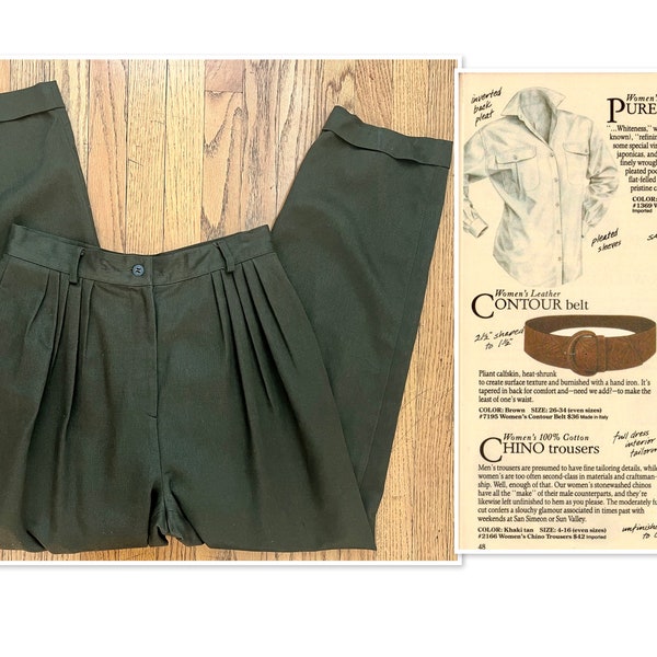 Late 80s Banana Republic Safari Travel Company Rayon Wool Blend Olive Drab Pleated Pants/High Waisted/Out of Africa/Vintage Size 10