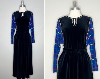 1980s Fabulous Japanese Black Velour Belted Caftan with Royal Blue Striped Batwing Sleeves/Keyhole Neckline/Side Pockets/Vtg Loungewear