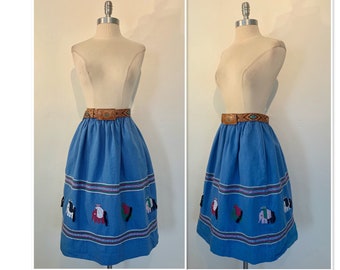 Vintage Womens 1950's Bright Blue Cotton Handwoven Guatemalan Skirt with Embroidery and Yarn by Inca Palace