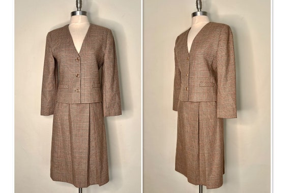 Classic 1980s 2 Piece BrownWool Plaid Skirt Suit … - image 1