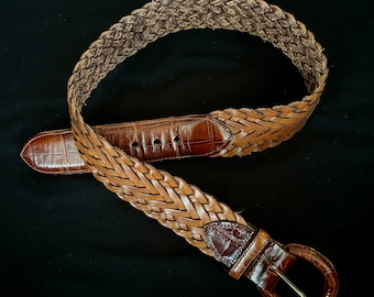 Vintage Brighton Woven Leather Belt: Crocodile Buckle, Size Small