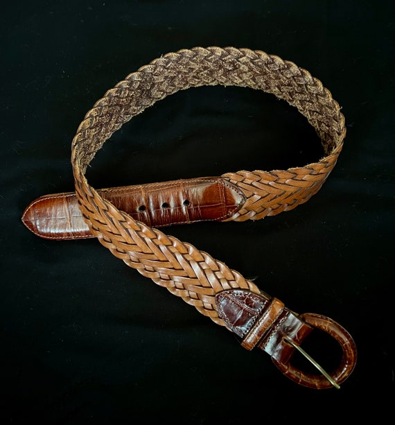 Brown Woven 1980s Belt with Crocodile Patent Leat… - image 1