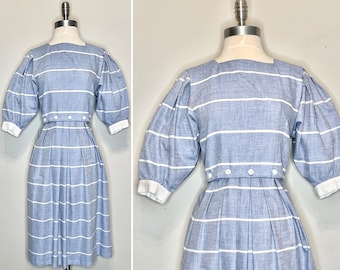 1980s Lanz Cotton Poly Blend Light Blue and White Stripe 2 Piece Skirt and Blouse with Button Attachment to Skirt/Poufy Sleeves/Size 5/6  XS