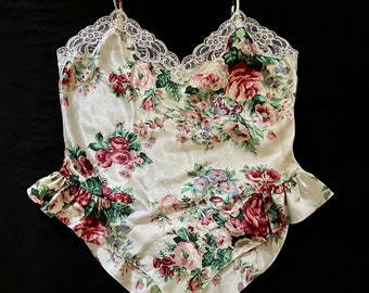 Deadstock Amelia's 90s White, Red, Pink and Green Floral Polyester Teddy Lingerie with Lace Trim/ Spaghetti Straps/Ruffle Trim/ Size Medium