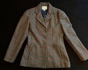 Anni '90 Compagnie Internationale Express Tailleur Blazer in tweed di lana bordeaux e verde/4 bottoni/Stile anni '40/Risvolto dentellato/Vintage Taglia 5