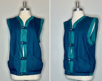 Deadstock 80s Blue and Teal Cotton Denim Snap Front Vest by Caridrey/Deep Front Pockets/Pleated Back/Vintage Sportswear/Large/Tags Attached