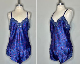 90s Cacique Lingerie Vibrant Royal Blue Polyester 2 Piece Camisole Tank and Tap Pants/Trimmed in Blue Lace/Size Large