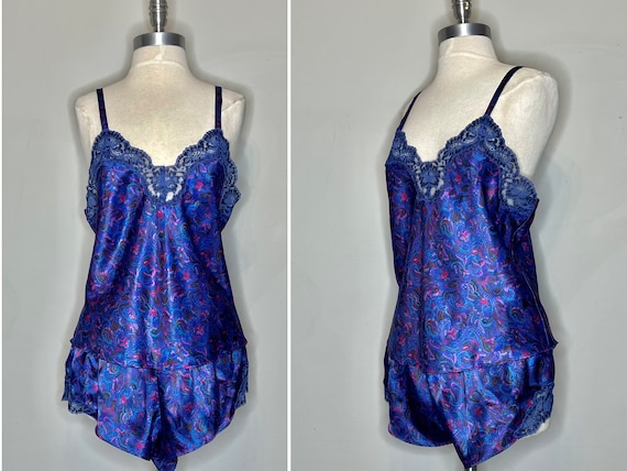 fumikauchida 購入vintage lingerie camisole 90s Cacique Lingerie Vibrant Royal Blue Polyester 2 Piece Camisole