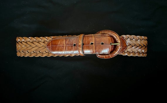 Brown Woven 1980s Belt with Crocodile Patent Leat… - image 2