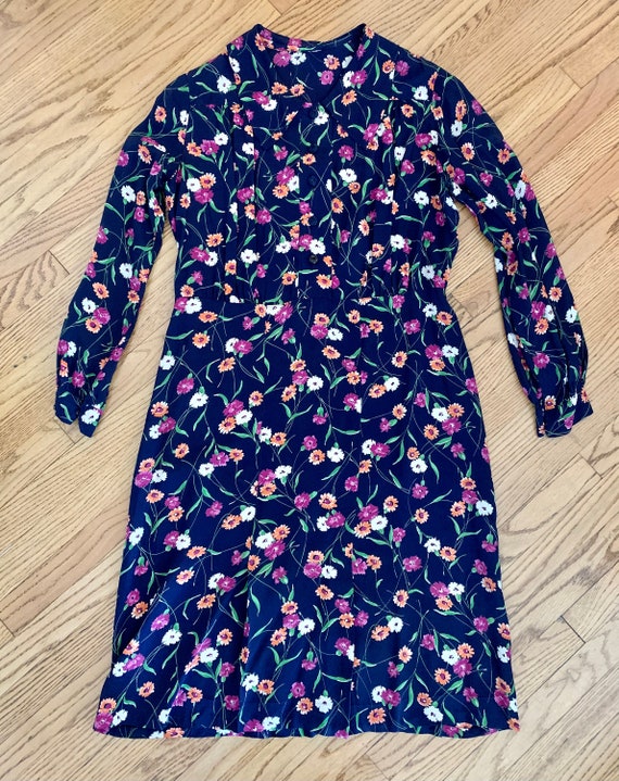 1940s Blue Silk Rayon Floral Long Sleeve Day Dres… - image 8