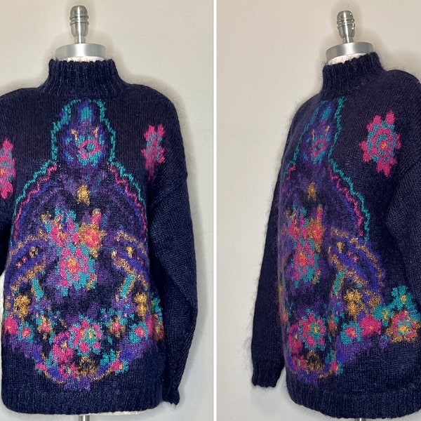90s Studio Michelle Stuart Dark Purple Mohair Wool Mock Neck Pullover Sweater/Bright Pink, Blue, Brown Graphic Design/Metallic Thread/Small
