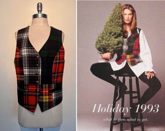 1993 Gap Holidaze plaid patchwork laine mélangée rouge, jaune, vert gilet/entièrement doublé/dos tissu cravates/vintage petite taille