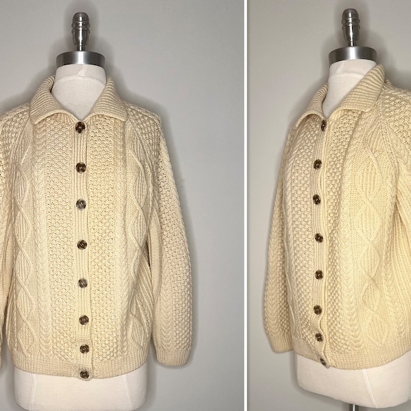 Classic Creamy Vanilla Chunky Hand Knit Fisherman Cardigan/Button Front/Raglan Sleeves/Cable Knit 100% Washable Wool/Bust 44/Large XL