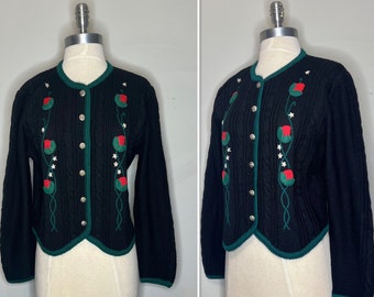 1989 Susan Bristol Black Wool Hand Embroidered Cardigan with Hand Stitched Felt Flower Decoration/Silver Tone Buttons/Green Trim/Size Medium