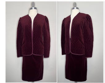 1970s Burgundy Quilted Velveteen Jacket Skirt Suit - Campus Casuals - Small