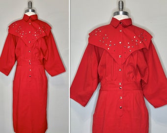 80s Fire Engine Red Cotton Denim Western Dress with Studded Front Yoke by Fritzi II/Elastic Waist/Straight Skirt/Dolman Sleeves/Vtg Size 12