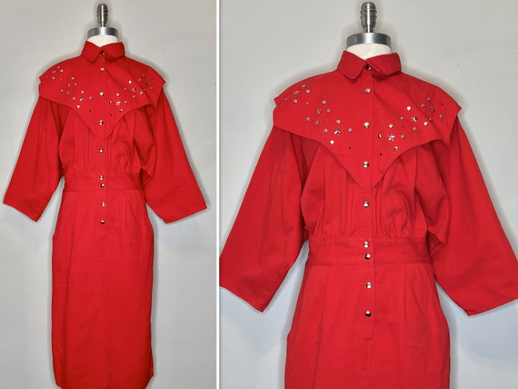 80s Fire Engine Red Cotton Denim Western Dress wi… - image 1