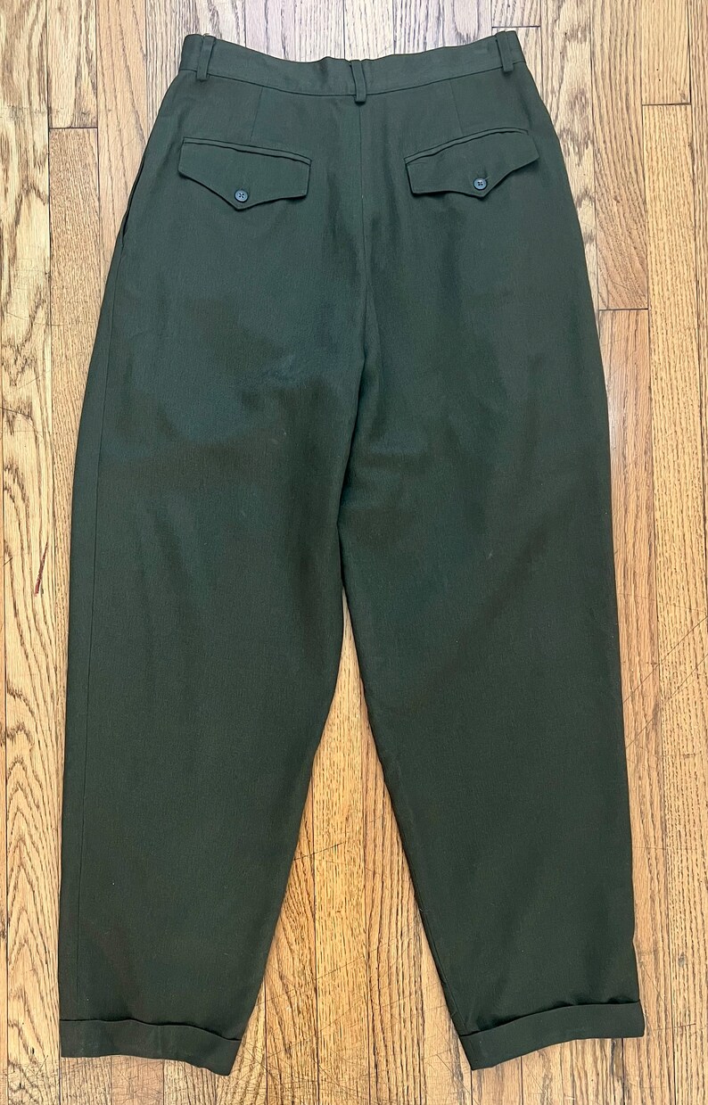 Late 80s Banana Republic Safari Travel Company Rayon Wool Blend Olive Drab Pleated Pants/High Waisted/Out of Africa/Vintage Size 10 image 3