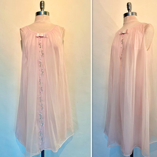 1960s Pale Pink Nylon Nightgown/Embroidered Pink and White Flowers/Double Layer Sheer Negligee/Vintage Lingerie with Embroidery
