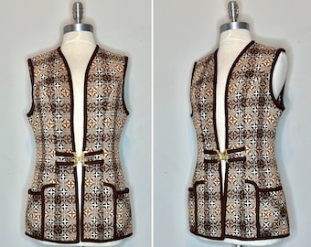 Fabulous 1970s Welsh Woolies Brown Woven LongVest with Gold Tone Decorative Front Belt Clasp/Fun Front Deep Pockets/Made In Wales/Bust 36