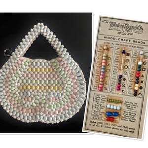 May include: A vintage, pastel-colored beaded handbag with a rounded shape and a handle. The bag features a zipper closure and a pattern of pink, yellow, and blue beads. Next to the bag is a vintage color chart for wood craft beads.