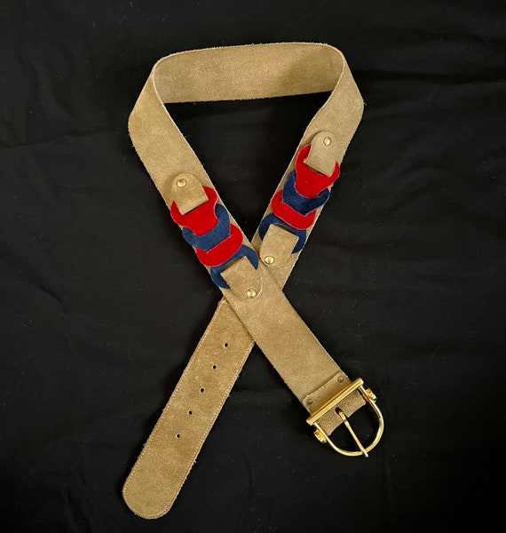 1970s Tan Suede Boho Belt with Red and Blue Woven 