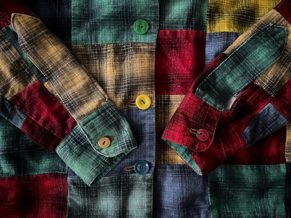 60s Mixed Plaid Flannel Patchwork Button Up Shirt… - image 8