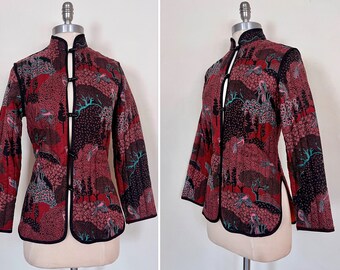 80s/90sBurgundy Quilted Jacket with Asian Inspired Graphic Birds and Trees/Lined in Bright Red/Black Loop Closures/Long Length