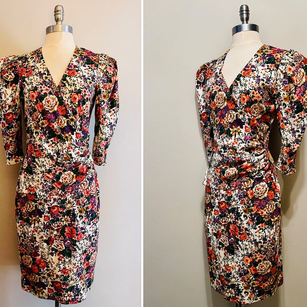 All That Jazz 90s Fabulous Floral Garden Cotton Poly Wiggle Dress with Ruching/Low Crossover V Neckline/Puffed Sleeves/Vintage Size 9/10