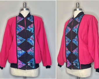 80s/90s Hot Pink Cotton Bomber Jacket with Graphic Batik Design and Quilted Pink Interior/Black Knit Collar, Bottom , Cuffs/Padded Shoulders