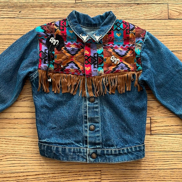 Childrens 80s Western Plain Pockets Adorned Jean Jacket with Brown Fringe/Silver Toned Southwestern Charms and Hearts/Glitter Paint/Size 7