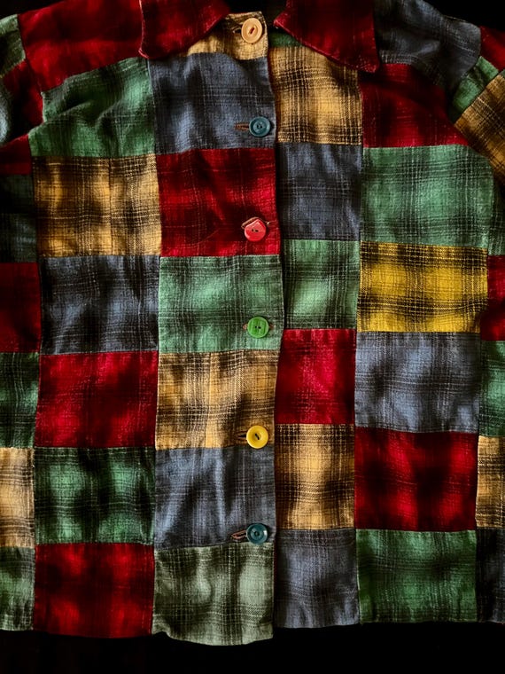 60s Mixed Plaid Flannel Patchwork Button Up Shirt… - image 3