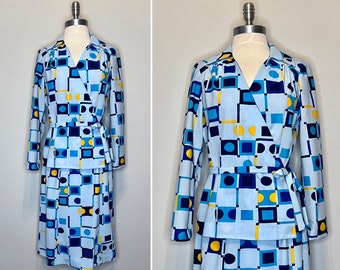 1970s Nelly Don Baby Blue Polyester Geometric Print Skirt and Jacket/Crossover Jacket with Waist Ties/Elastic Waist Skirt/Custom Size 12 1/2