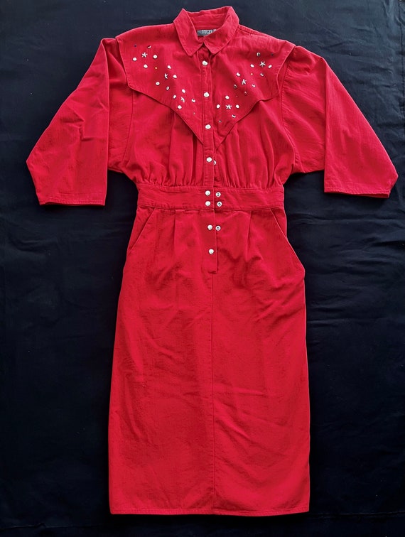 80s Fire Engine Red Cotton Denim Western Dress wi… - image 6