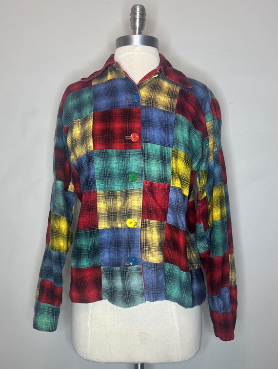 60s Mixed Plaid Flannel Patchwork Button Up Shirt… - image 10