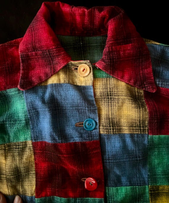 60s Mixed Plaid Flannel Patchwork Button Up Shirt… - image 4
