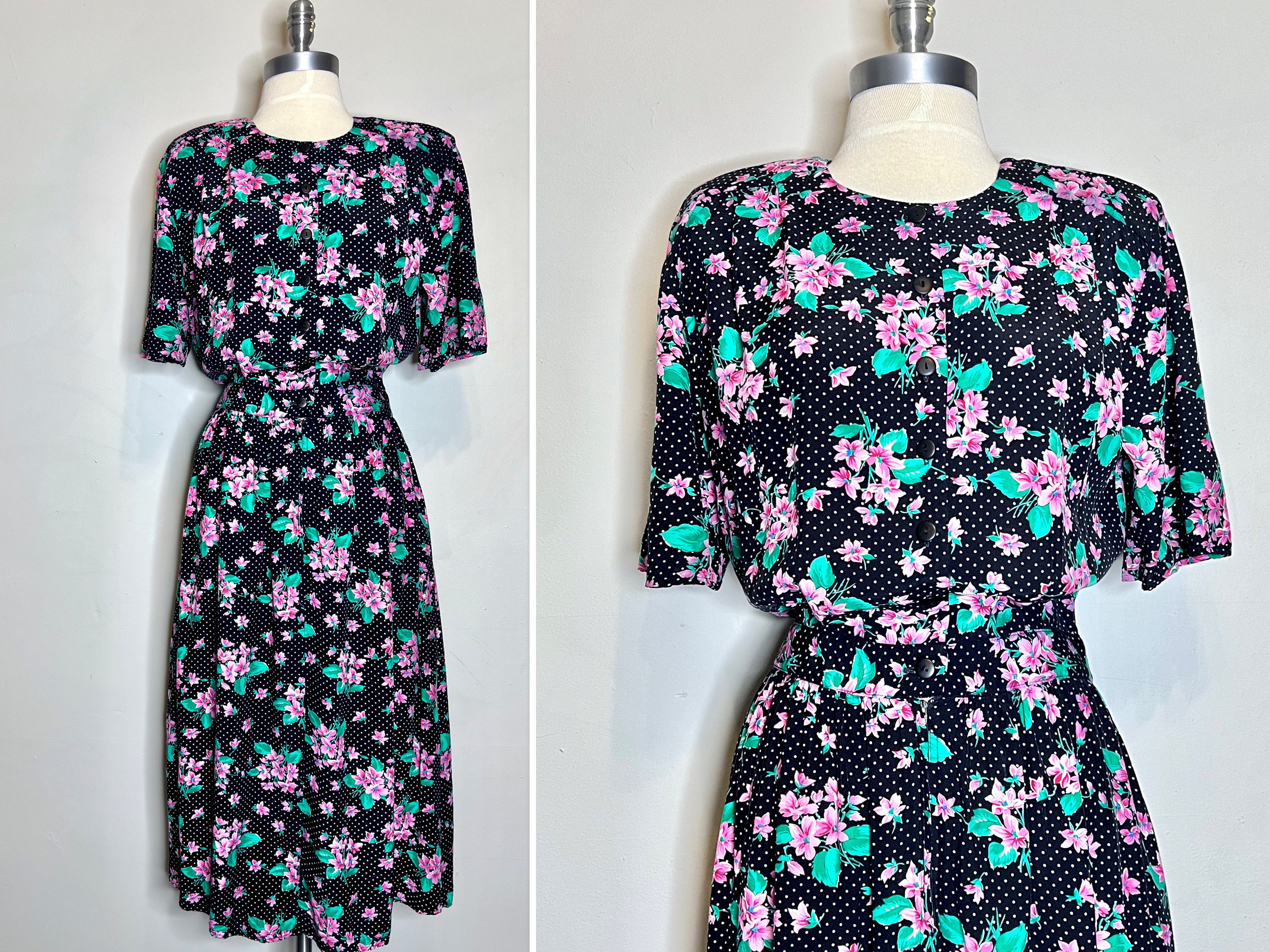 90s Warren Z Rayon Black Polka Dot and Pink Floral Blouson