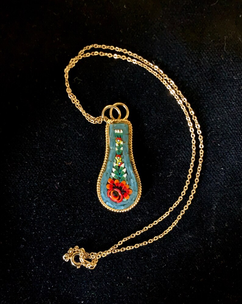 Lovely Micro Mosaic Blue with Red and Yellow Flower Pendant on Delicate Chain Made in Italy