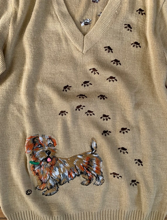 1980s Tan V Neck Novelty Sweater/ Embroidered Ter… - image 4