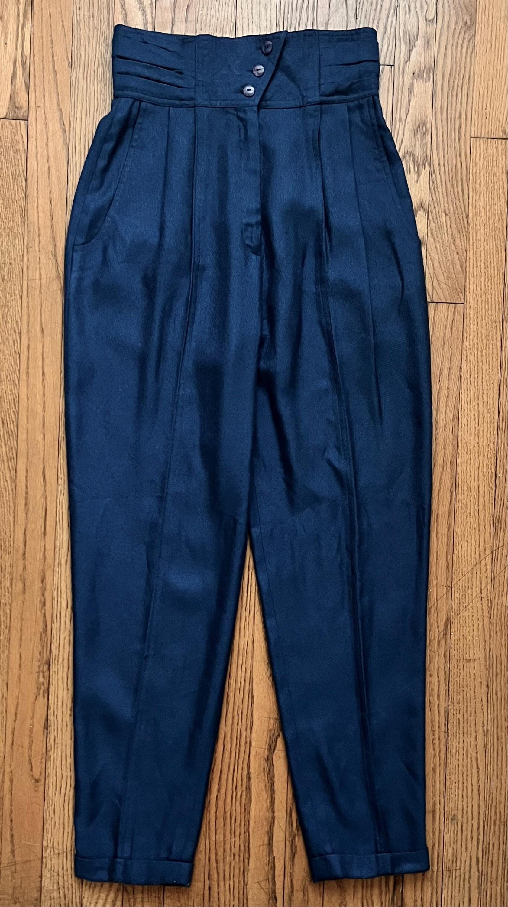 Vintage〈polyester rayon slacks 90s blue〉 Vintage 90s Blue Flowy Polyester Trousers Size 12P | 30-32