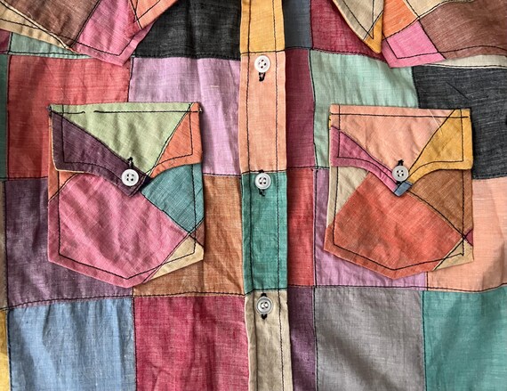 70s Boho Cotton Patchwork Madras Button Blouse wi… - image 5