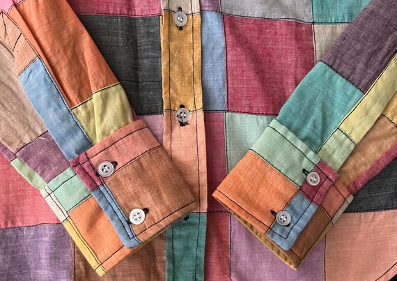 70s Boho Cotton Patchwork Madras Button Blouse wi… - image 4