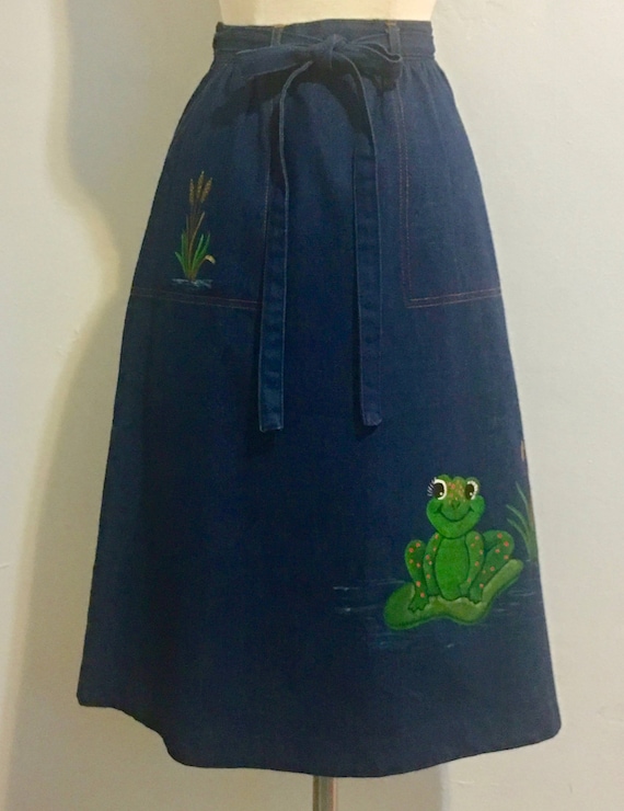 Vintage 1970's Denim Wrap Skirt with Hand Painted