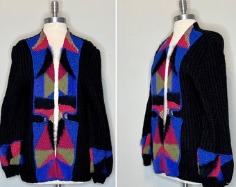 80s Black Acrylic Knit Oversized Cardigan with Metallic Yarn and Colorful Mohair Patterned Front and Sleeves/Open Front/Side Pockets/M-L