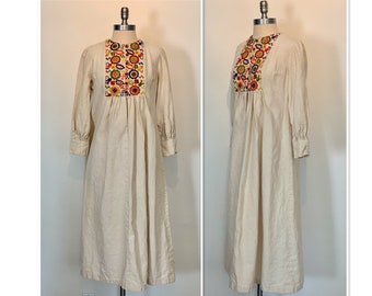 Vintage 1970's Women's Ethnic Embroidered Heavy Muslin Maxi Kaftan Dress with Bright Red Buttons by Nariza