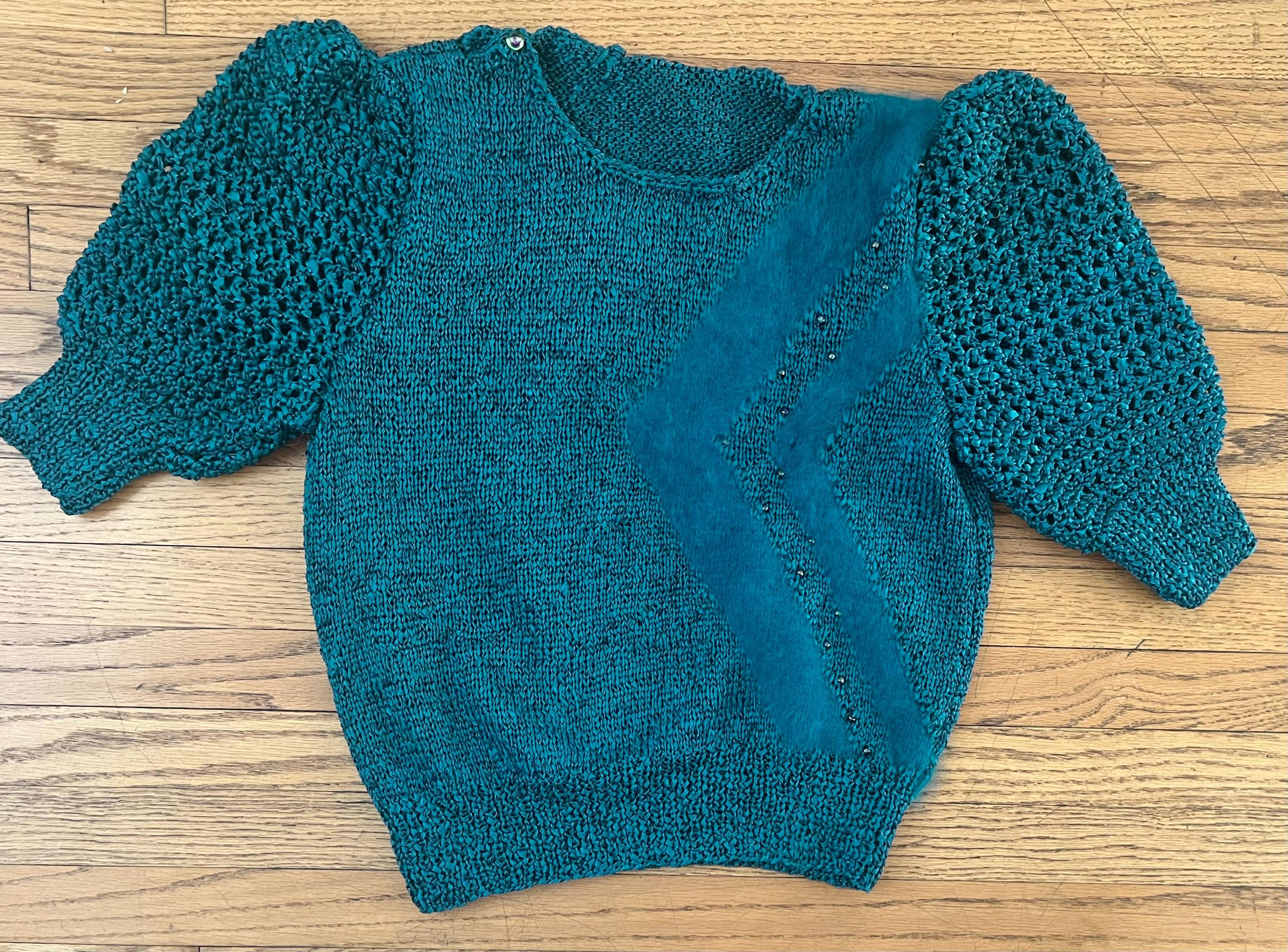1980s Deep Teal Blue Woven Ribbon Sweater With Mohair Design 1980s Deep Teal Blue Woven Ribbon Sweater With Mohair Design